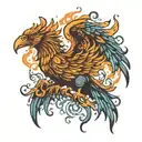 A phoenix rising from the flames of a stock market graph tattoo design idea