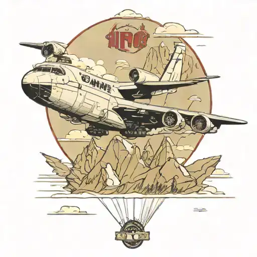 Il 76 plane flies between the mountains above it with a parachute and the inscription airborne forces tattoo design idea