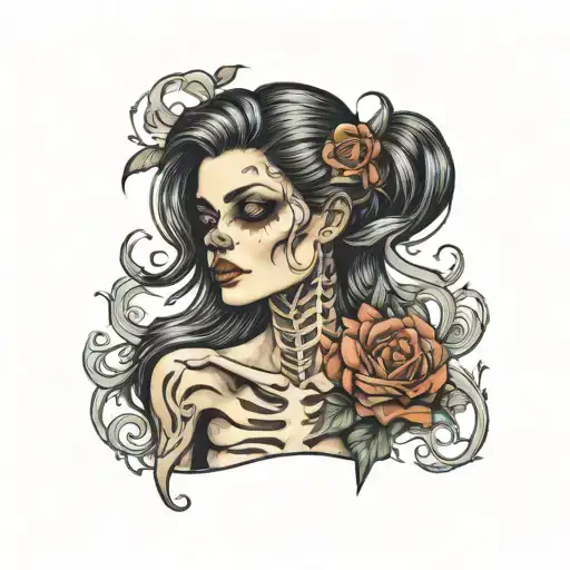 half beautiful dark haired woman fading into skeleton tattoo design idea
