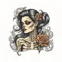 half beautiful dark haired woman fading into skeleton tattoo design idea