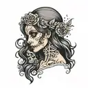 half beautiful dark haired woman fading into skeleton tattoo design idea
