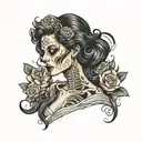 half beautiful dark haired woman fading into skeleton tattoo design idea