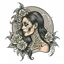 half beautiful dark haired woman fading into skeleton tattoo design idea