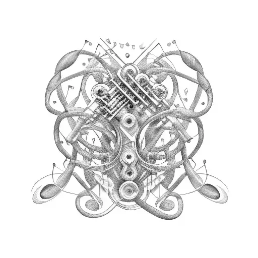 Musical instruments intertwined with car parts tattoo design idea