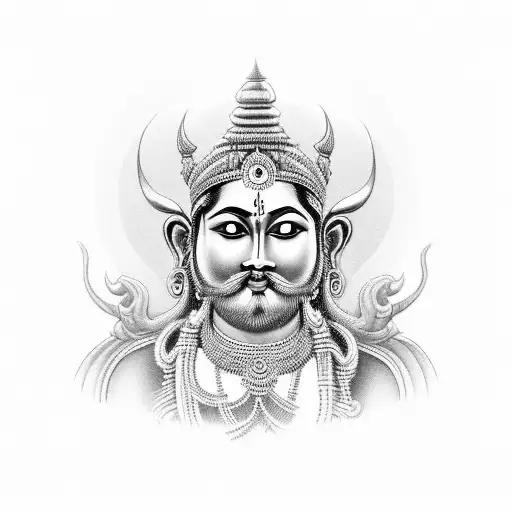 A portrait of the Hindu god in a black-grey realistic style tattoo design idea
