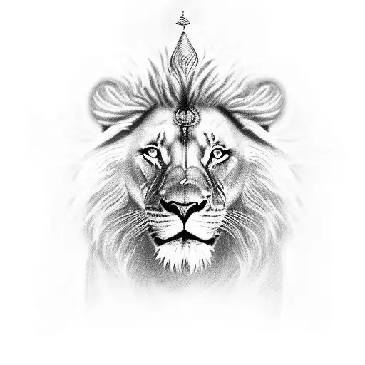 A divine Hindu goddess surrounded by a majestic lion, with black-grey shading highlighting their regal presence tattoo design idea