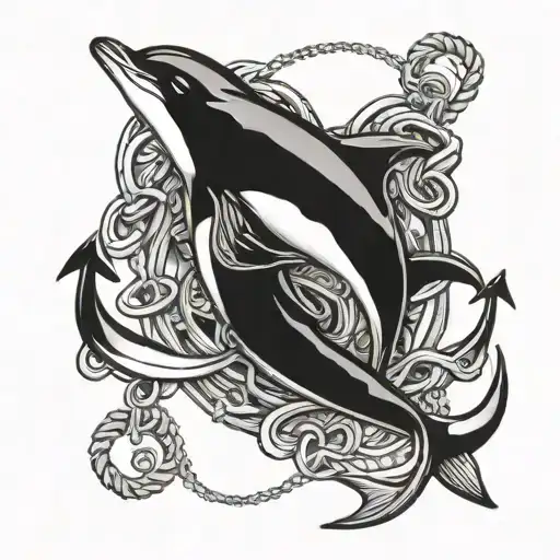 dolphin wrapping an anchor with a chain that says B-PA tattoo design idea