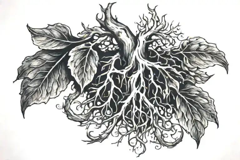 A black tattoo of a root emerging from the suprasternal notch and wrapping around the left collarbone tattoo design idea