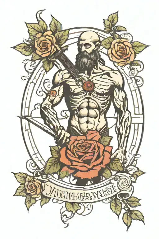 Vitruvian man adorned with roses and nightshade with one hand holding a sword tattoo design idea