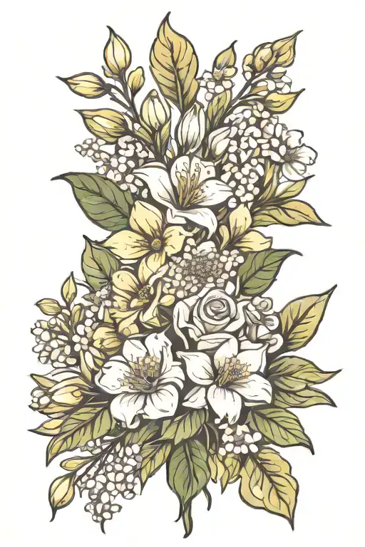 April, September, and December birth flower bouquet tattoo design idea