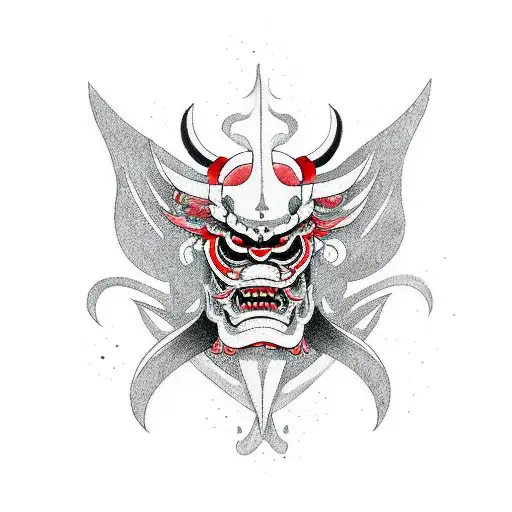 Japanese demon in mask with giant brush tattoo design idea