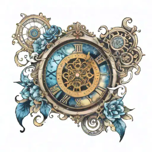 blue eye centered in a clock face surounded by the univers with 2 puzzle pieces floating and two hands trying to touch  tattoo design idea