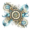 blue eye centered in a clock face surounded by the univers with 2 puzzle pieces floating and two hands trying to touch  tattoo design idea