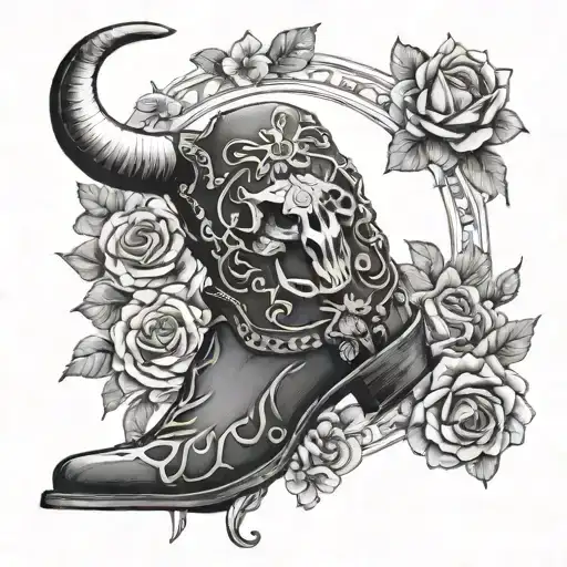 Black and grey bull skull tattoo, surrounded with flowers, a horseshoe, cowboy boots and cactus  tattoo design idea
