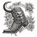 Black and grey bull skull tattoo, surrounded with flowers, a horseshoe, cowboy boots and cactus  tattoo design idea
