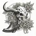 Black and grey bull skull tattoo, surrounded with flowers, a horseshoe, cowboy boots and cactus  tattoo design idea