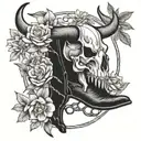 Black and grey bull skull tattoo, surrounded with flowers, a horseshoe, cowboy boots and cactus  tattoo design idea