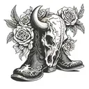 Black and grey bull skull tattoo, surrounded with flowers, a horseshoe, cowboy boots and cactus  tattoo design idea