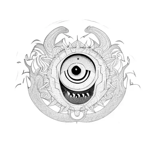 Many-eyed monster with fangs tattoo design idea