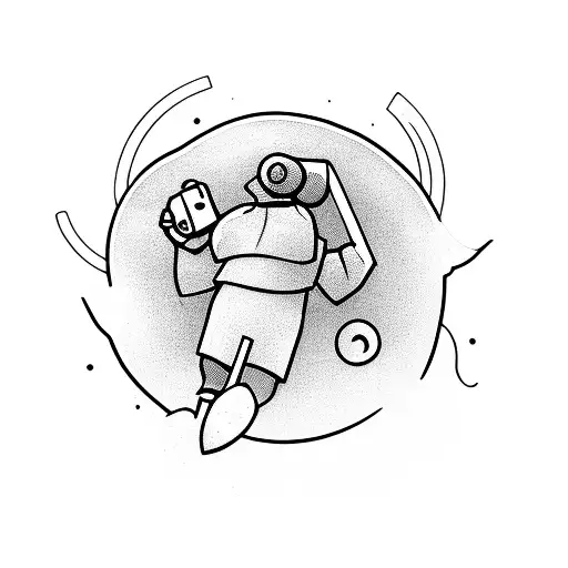 A retail worker holding a handball while surrounded by gaming symbols tattoo design idea