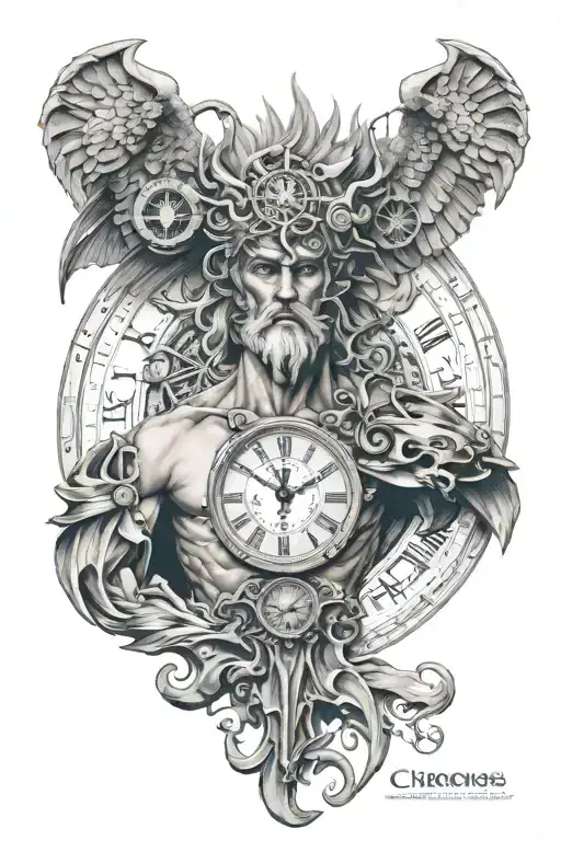 Portrait of the god Chronos with a clock behind him tattoo design idea