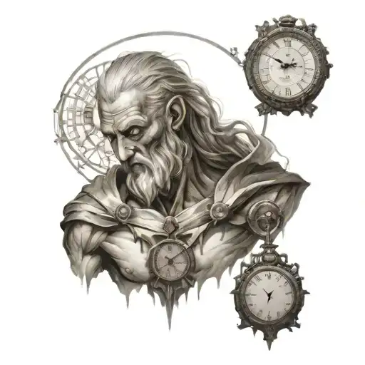 Portrait of the god Chronos with a clock behind him tattoo design idea