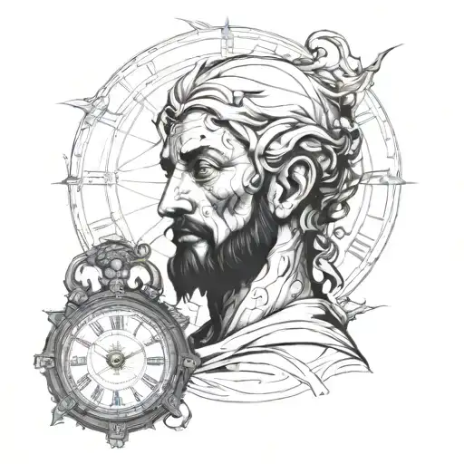 Portrait of the god Chronos with a clock behind him tattoo design idea