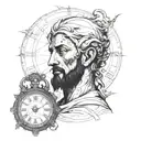 Portrait of the god Chronos with a clock behind him tattoo design idea
