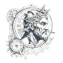 Portrait of the god Chronos with a clock behind him tattoo design idea