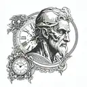 Portrait of the god Chronos with a clock behind him tattoo design idea