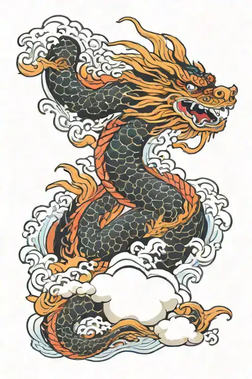 japanese dragon around waves and clouds surrounding tattoo design idea