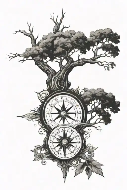 a diment shaped elder tree with a compass  tattoo design idea
