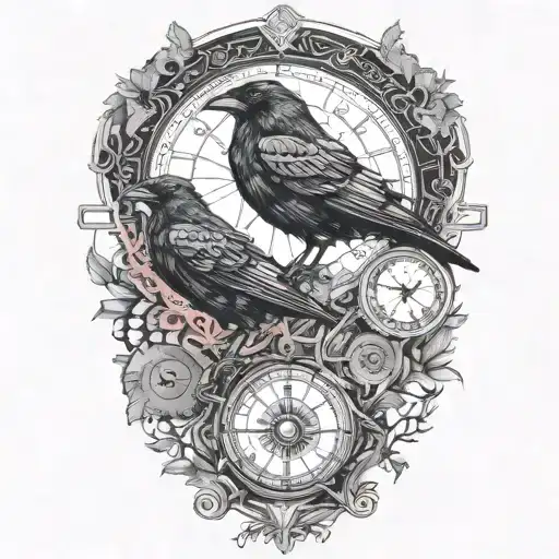 raven perched with runes and clockwork and branches with read leaves tattoo design idea