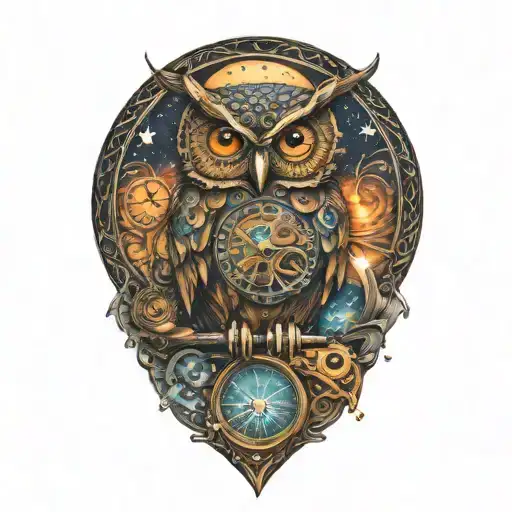 clockwork owl, moon and stars tattoo design idea