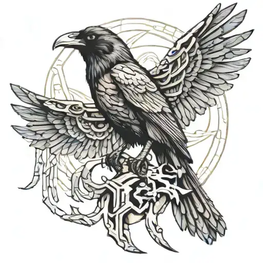 raven perched with runes on wings tattoo design idea