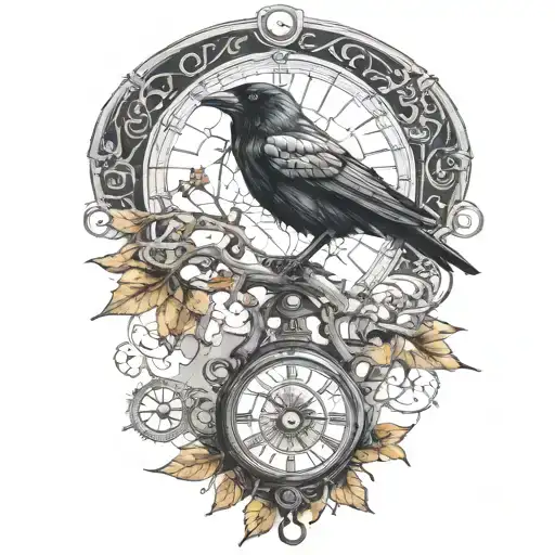raven perched with runes and clockwork and branches with read leaves tattoo design idea