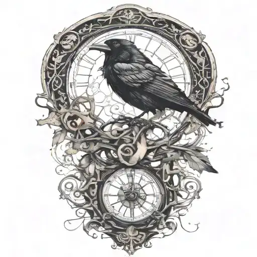 raven perched with runes and clockwork and branches with read leaves tattoo design idea