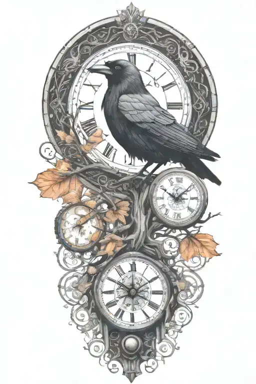 raven perched with runes and clockwork and branches with read leaves tattoo design idea