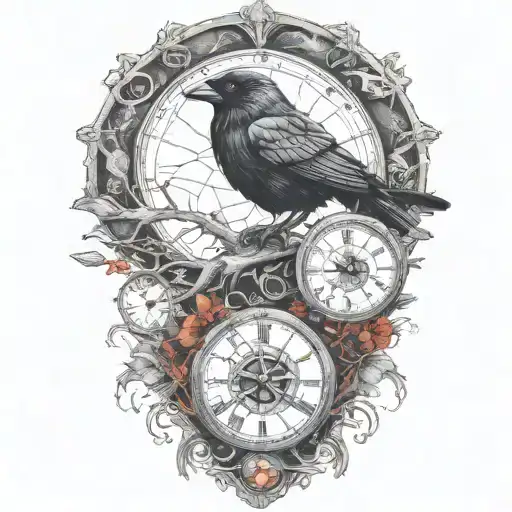 raven perched with runes and clockwork and branches with read leaves tattoo design idea