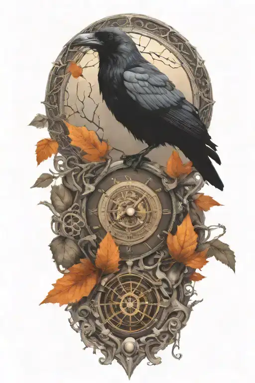 raven perched with runes and clockwork and branches with read leaves tattoo design idea