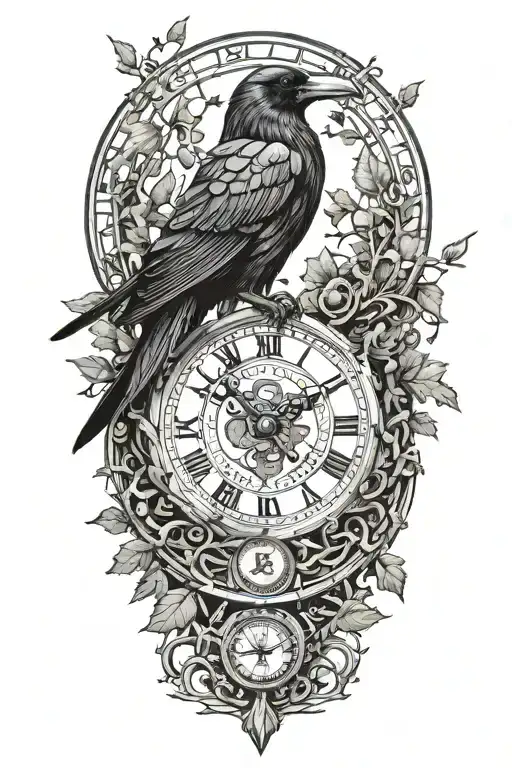 raven perched with runes and clockwork and branches with read leaves tattoo design idea