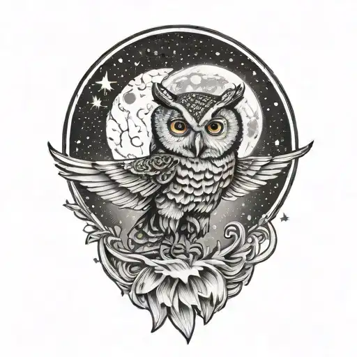 owl flying with open wings, moon and stars tattoo design idea