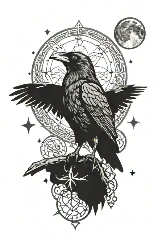 raven perched with runes, moon and stars background tattoo design idea