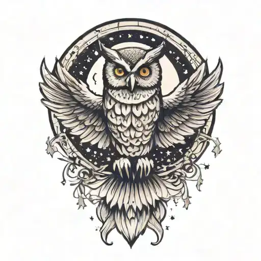 owl flying with open wings, moon and stars tattoo design idea