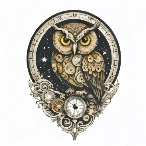 clockwork owl, moon and stars tattoo design idea
