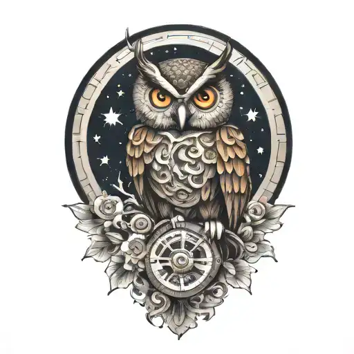 clockwork owl, moon and stars tattoo design idea