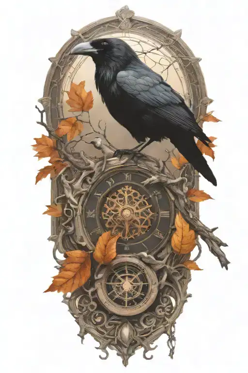 raven perched with runes and clockwork and branches with read leaves tattoo design idea
