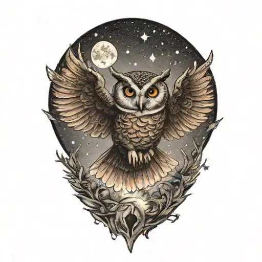 owl flying with open wings, moon and stars tattoo design idea
