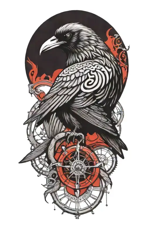 raven perched with runes, clockwork red moon background and magic tattoo design idea