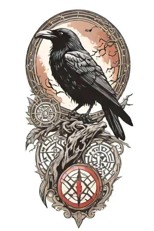 raven perched with runes, red moon background tattoo design idea